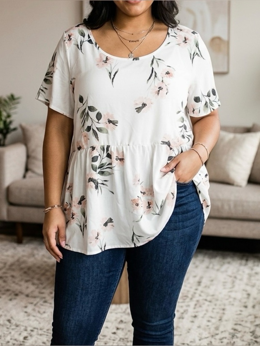 torrid Cream Floral Top with Blush & Olive Accents